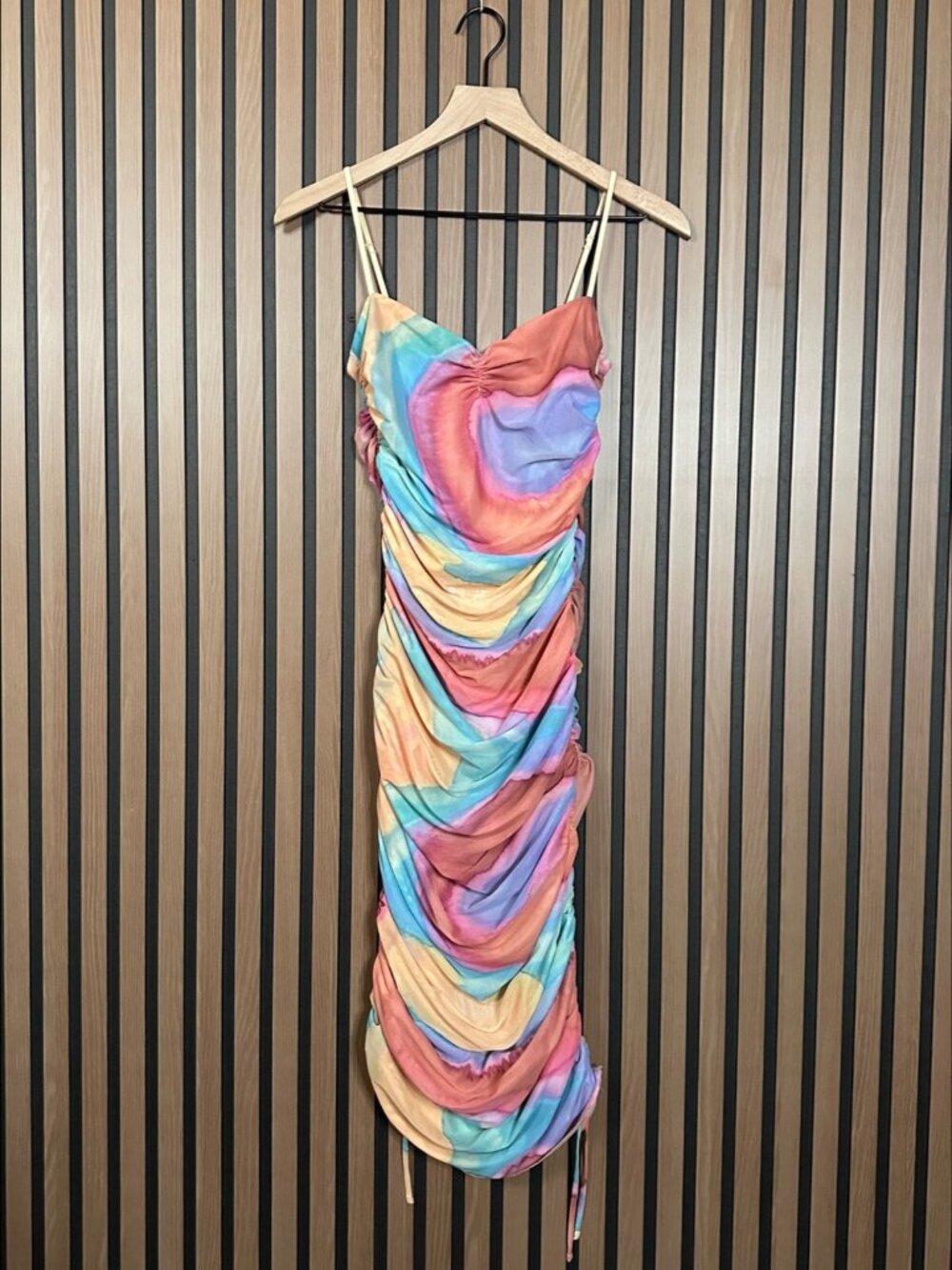Aritzia Midi Dress Small Womens Multicolor Pastel Mesh Knit Ruched Cocktail